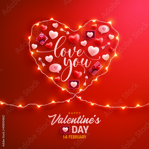 Happy Valentine's Day Poster or banner with symbol of heart from LED String lights and valentine elements on red background. Promotion and shopping template for love and Valentine's day concept.