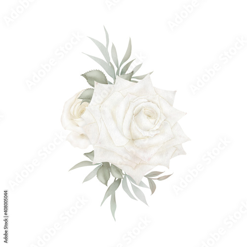 Vintage white roses bouquet with green leave 