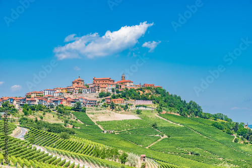 Panoramic view of La Morra in the Vineyard Landscape of Piedmont, Italy