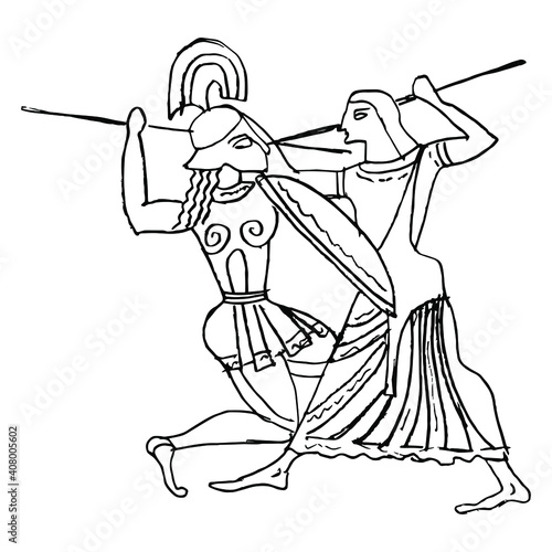 Battle between ancient Greek man and woman. Goddess Athena or Amazon fighting male warrior. Hand drawn linear doodle sketch. Black silhouette on white background.