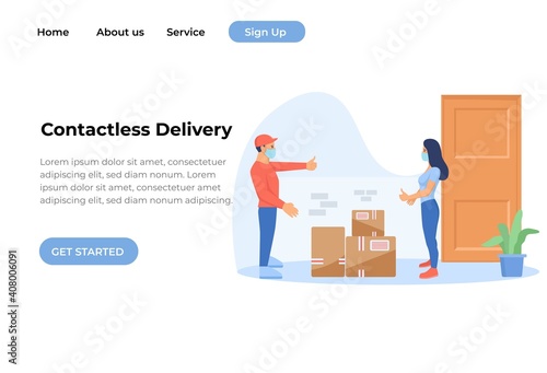 Safe home delivery during coronavirus covid-19 epidemic: man delivering a box to a customer and leaving the box at a safe distance, he is wearing mask and gloves
