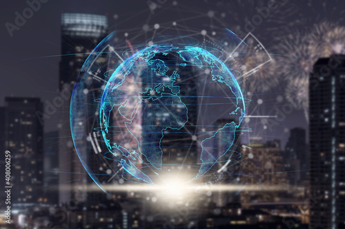 particle earth with technology network circle over the photo blurred of cityscape background  technology and innovation  futuristic and cloud computing  internet of thing and 3d rendering concept