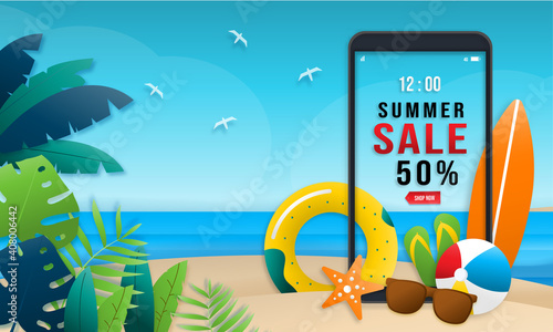 Shopping online with phone Mobile Application Marketing Digital marketing. paper art mobile shopping summer day sale.Vector illustration summer beach season.