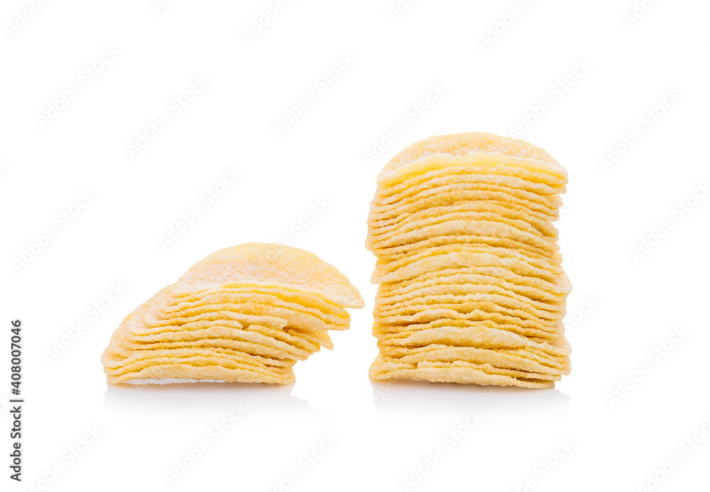 Potato slice into potato chips isolated on white background Potato slice into potato chips isolated on white background