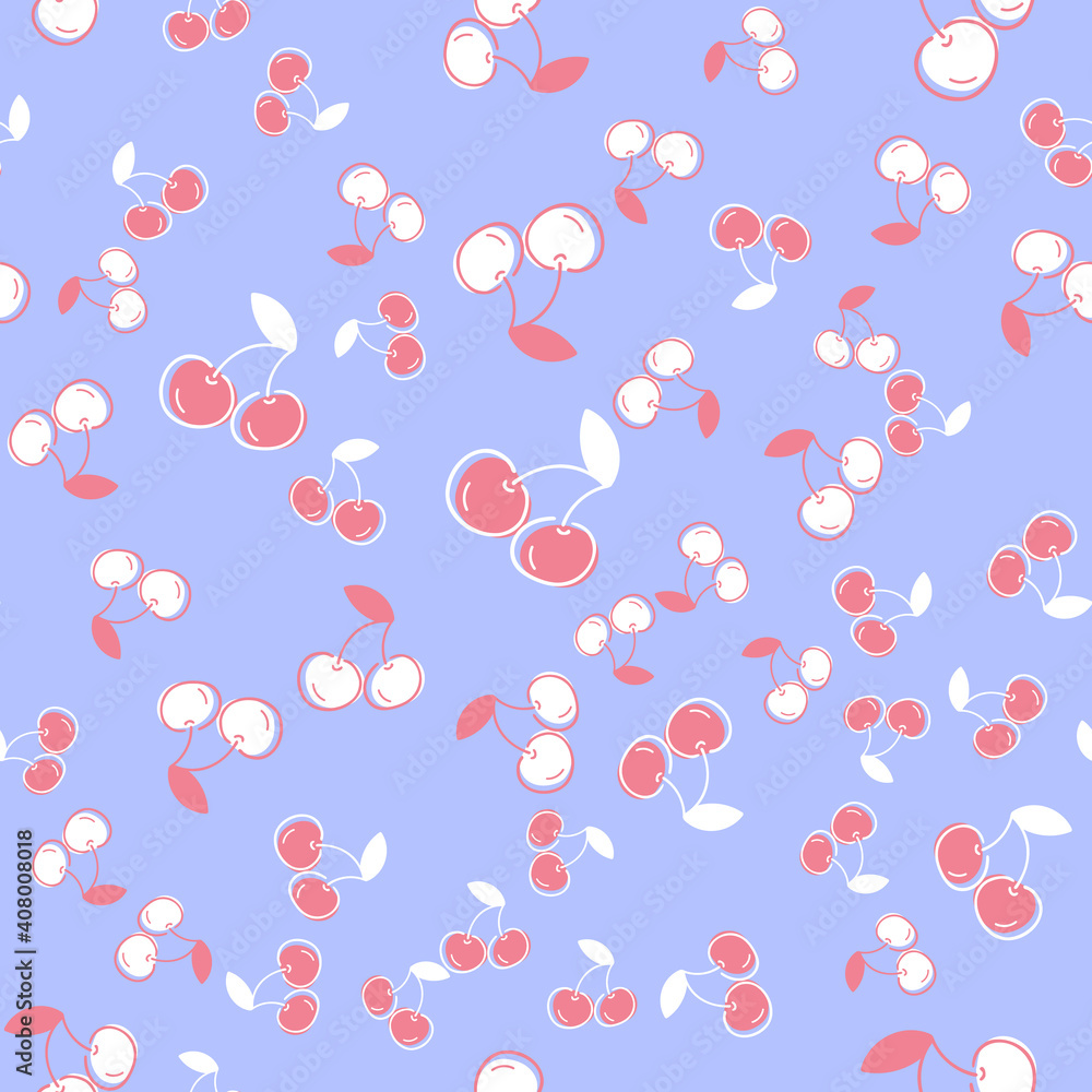 Seamless cute pattern with cherry on blue background