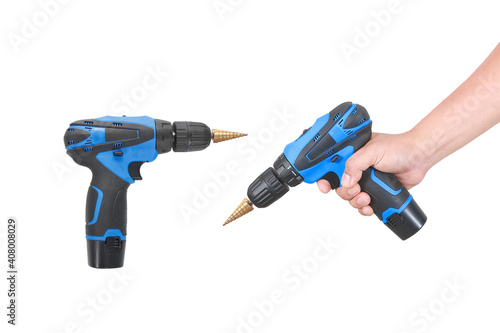 Hand of man holding mobile drilling machine isolated on white background with clipping path included.