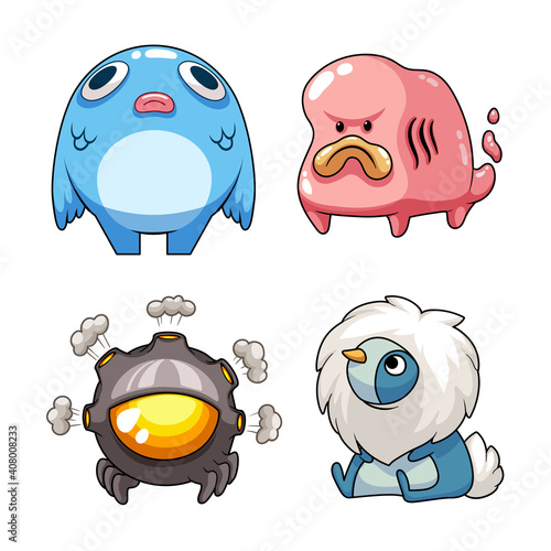 Collection of cute cartoon monster character vector illustrations. Design for print, party decoration, t-shirt, illustration, logo, emblem or sticker.
