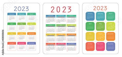 Calendar 2023 year set. Vector pocket or wall calender template collection. Simple design. Week starts on Sunday