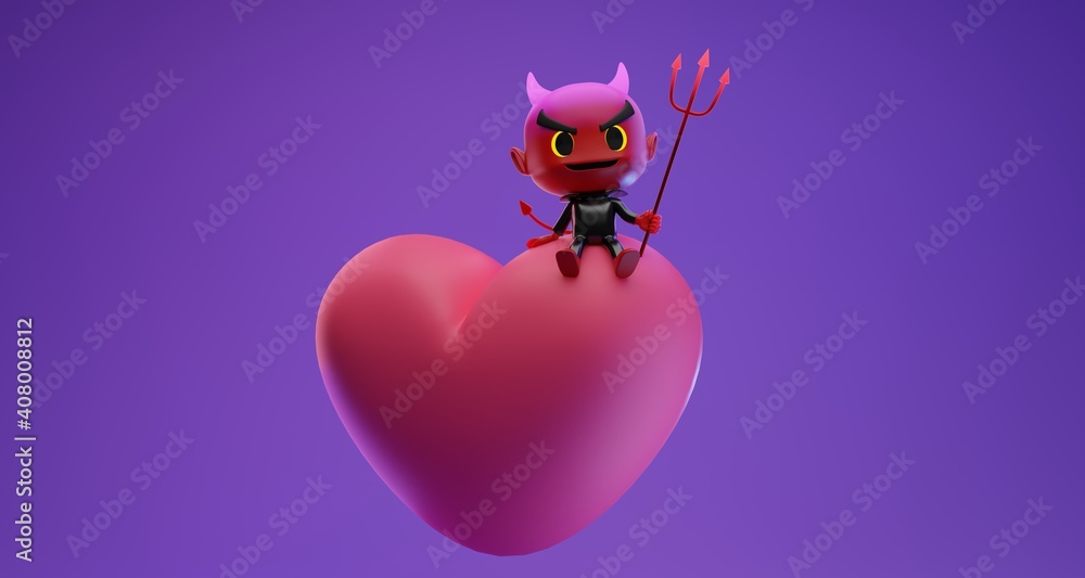 3D render illustration of cute devil character sittong on big heart  holding pitchfork, concept, valentines day, on purple color background