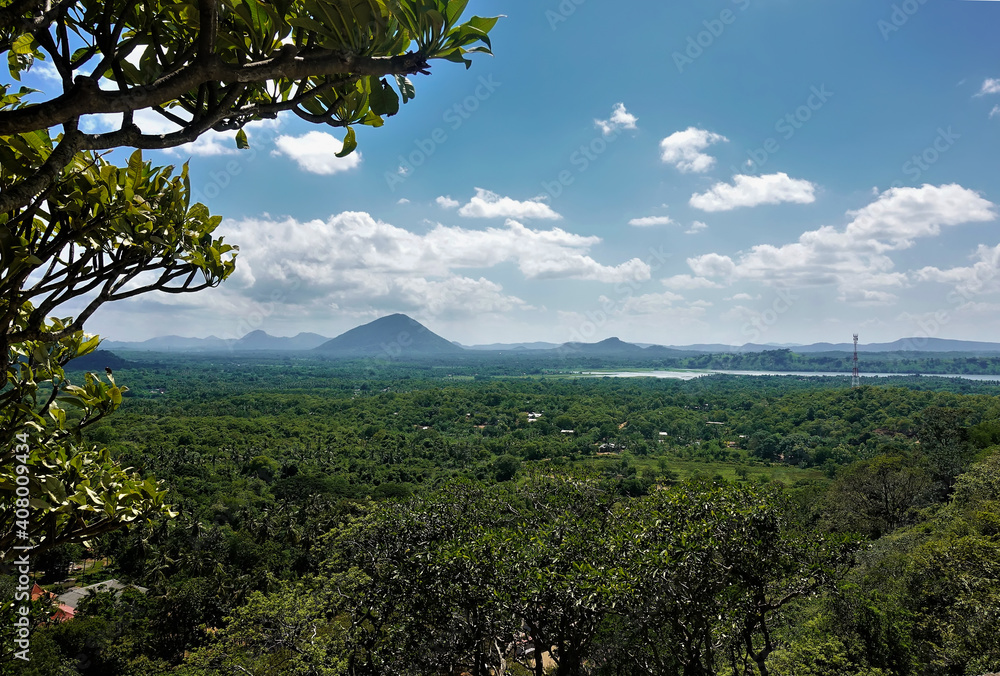 From the top of Mount Sigiriya you can see the endless jungle, the lake in the distance. Silhouettes of mountains against the sky. In the foreground are tree branches. Sri Lanka