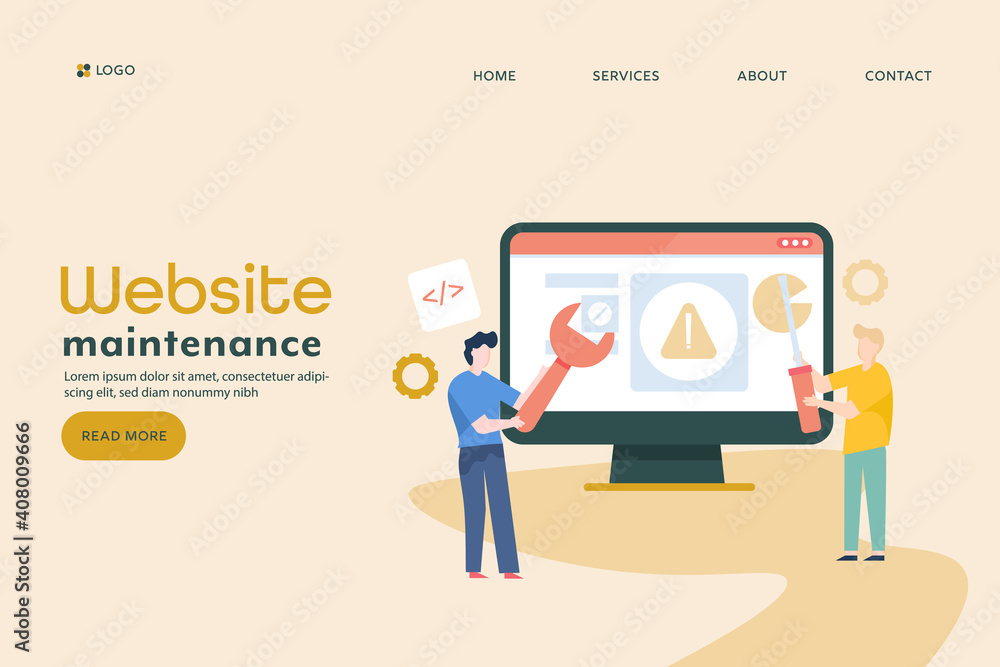 Web development team working on website maintenance. Programming and coding concept. Flat design web banner. Web development team working on website maintenance. Programming and coding concept. Flat design web banner.