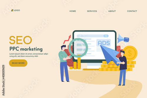 SEO and ppc marketing concept. Marketing team working on pay per click and search engine optimization campaign. Flat design modern web banner.