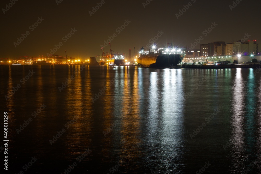 芝浦南埠頭公園　夜景　ブルーライトアップ
レインボーブリッジ　対岸に停泊するタンカー
