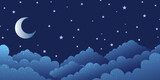 Vector abstract cartoon night background. Moon among stars and clouds.