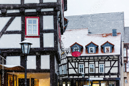 View of houses and street of Alsfeld city, Germany. Historic city in Hesse, Vogelsberg, with old medieval frame half-timbered houses called Fachwerk or Fachwerhaus in German. photo