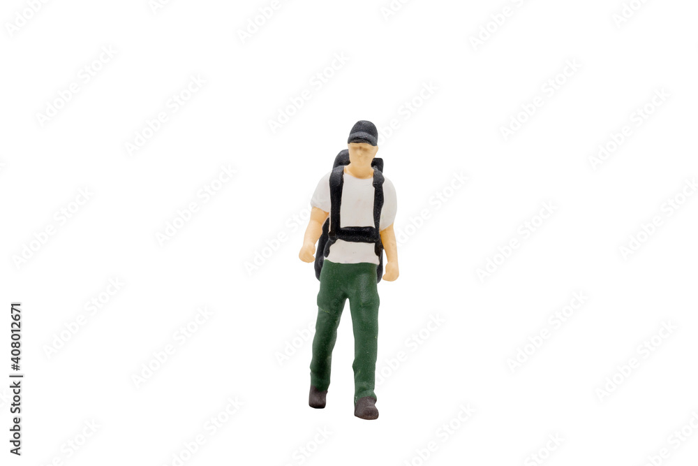 Miniature people traveller standing isolated on white background with clipping path Miniature people traveller standing isolated on white background with clipping path