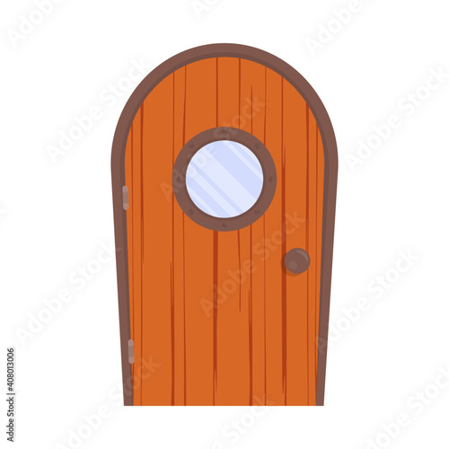 Antique wooden door with a round window. Wood texture. Cartoon style. Isolated, vector illustration.