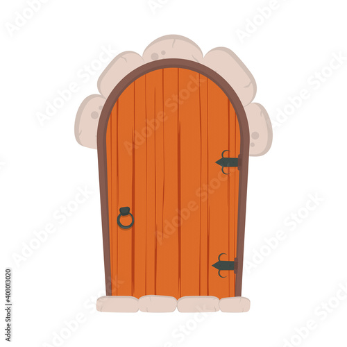 Antique wooden door. Stone cladding. Wood texture. Cartoon style. Isolated, vector illustration.