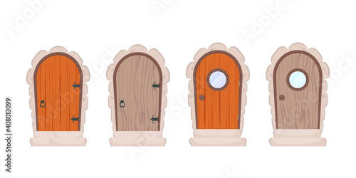 Set of Antique Wooden Doors. Stone cladding and steps. Wood texture. Cartoon style. Isolated, vector