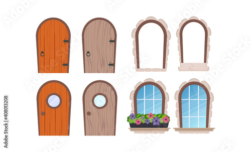 A set of doors and windows. Stone cladding. Elements for the design of games or houses. Vector.