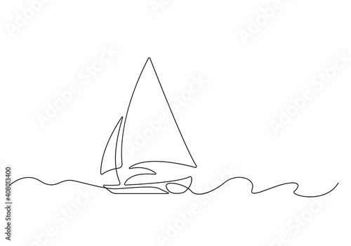 Sailboat One Line Drawing, Vector Continuous Single Line Art Yacht Isolated on White Background. Sailboat Minimalism Hand Drawn Style. Minimalist Sketch Contour Art.