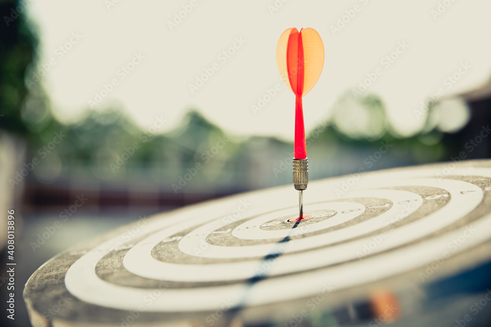Close-up the bullseye target or dart board has red dart arrow throw hitting the center of a shooting with the sun shines and shadows for business targeting and winning goals business concepts Close-up the bullseye target or dart board has red dart arrow throw hitting the center of a shooting with the sun shines and shadows for business targeting and winning goals business concepts