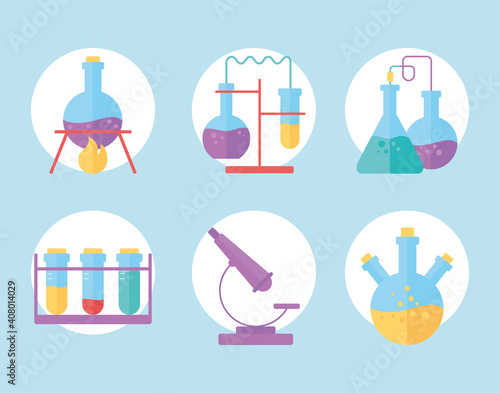 chemical glassware flasks experiment reactions science flat style