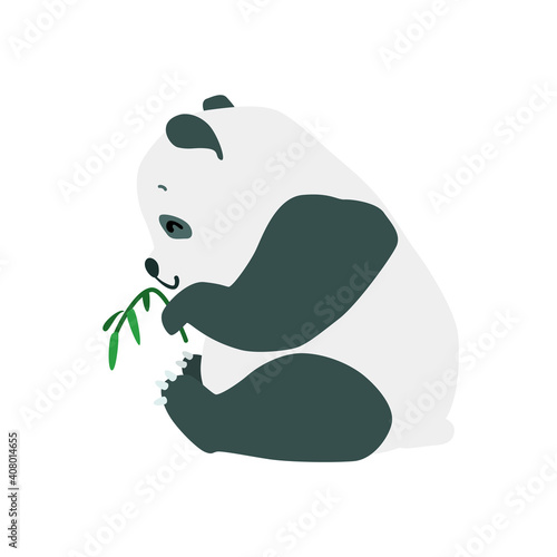 Little panda. Cute illustration of a sitting baby panda with bamboo in its paw isolated on a white background. Vector 10 EPS