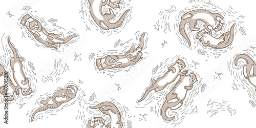 Seamless pattern with sea otters. Hand-drawn otters with their young in the water. Isolated on a white background