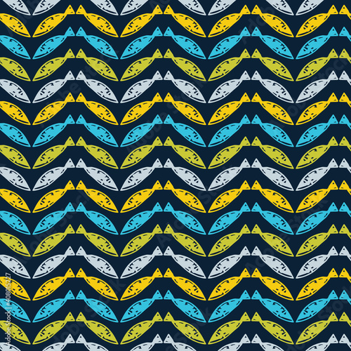 Vector colorful blue abstract fish herringbone zig zag style pattern. Suitable for gift wrap, textile and wallpaper. © Jamie Soon
