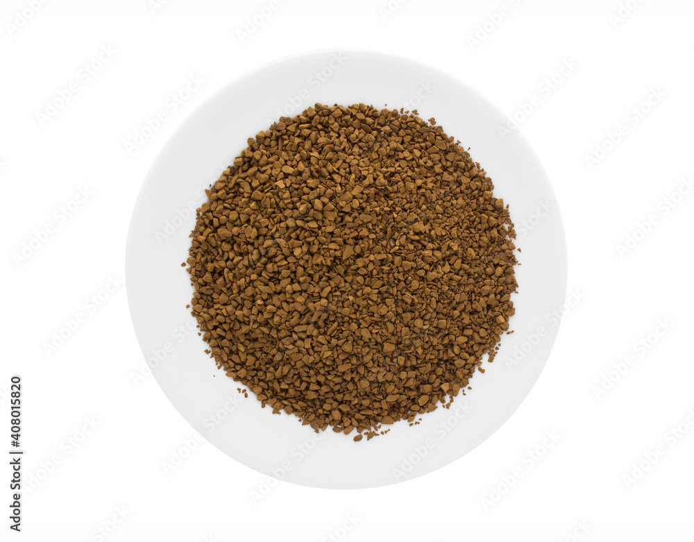 Instant granulated coffee in plate isolated on white background. Top view. Instant granulated coffee in plate isolated on white background. Top view.