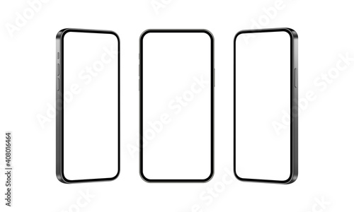 Set of Black Mobile Phones Mockups Isolated on White Background, Front and Side View. Vector Illustration