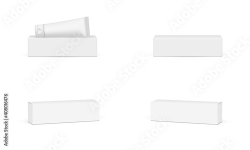 Set of Rectangular Cardboard Boxes with Plastic Tube Isolated on White Background. Vector Illustration