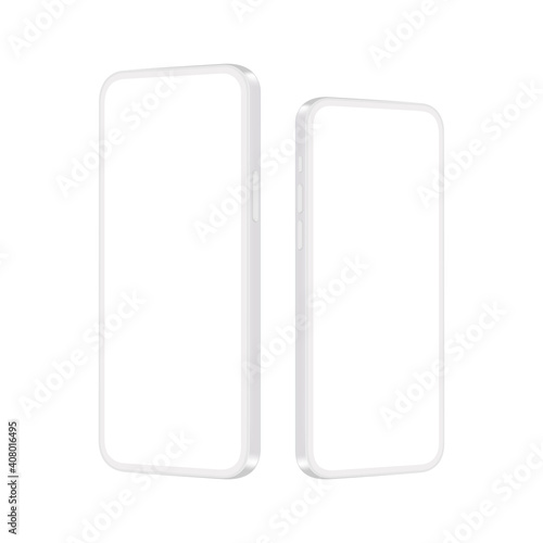 Phones Clay Mockups with Blank Screens, Side Perspective View, Isolated on White Background. Vector Illustration