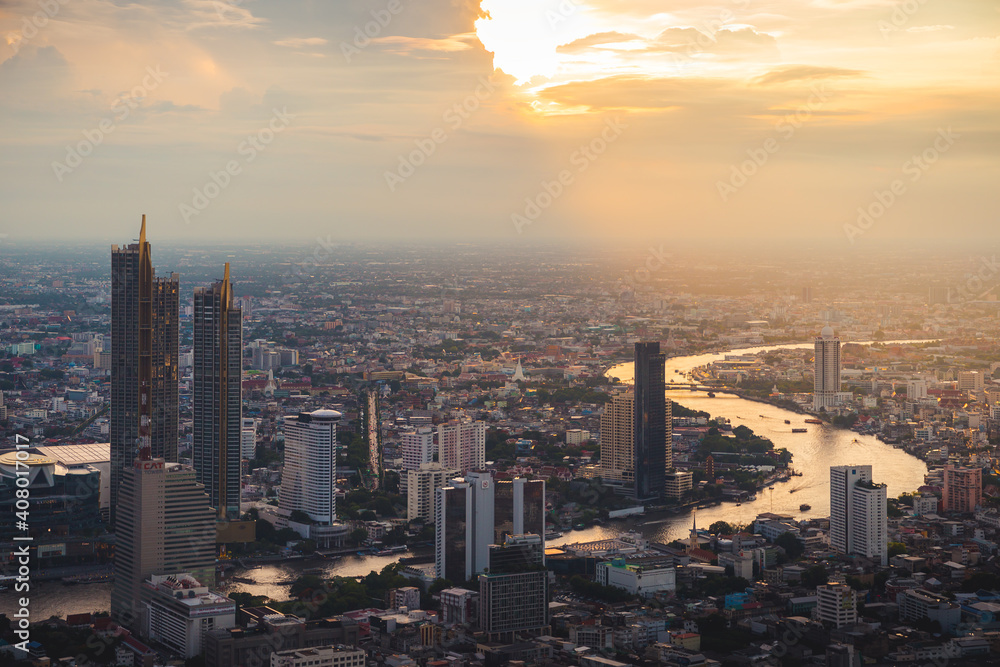 Landscape of Bangkok city at golden light hour