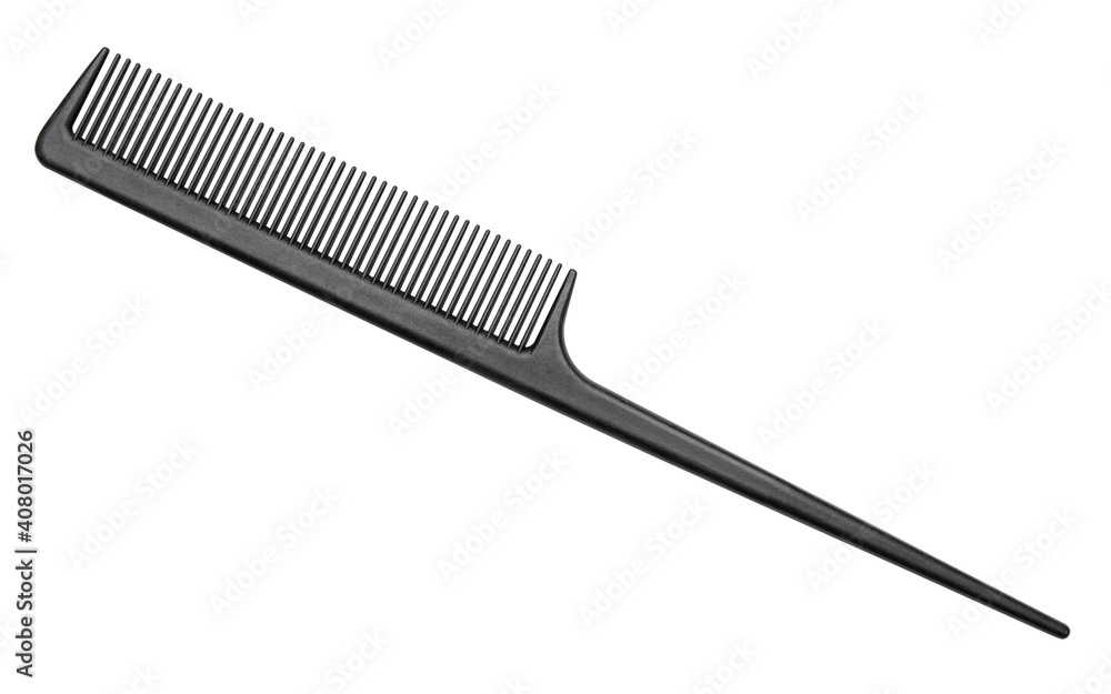 Comb with tail. Professional barber Rat Tail Comb for Hair. Comb with Thin and long handle on white background. Hairdresser salon equipment concept. Premium hairdressing accessories for haircut.