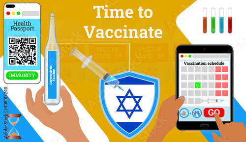 Israel flag.Time to vaccinate.Horizontal banner with medical vaccine,syringe.Vaccination schedule.Disease prevention Covid - 19. Stock vector illustration on blue isolated background.