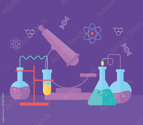 chemistry science laboratory experiment flasks microscope, flat style