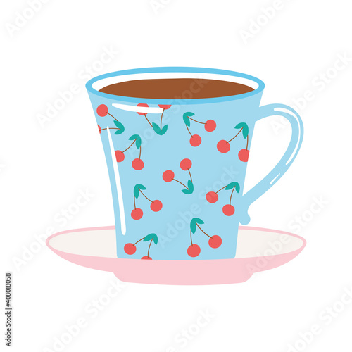 tea and coffee cup with cherries painted icon over white background