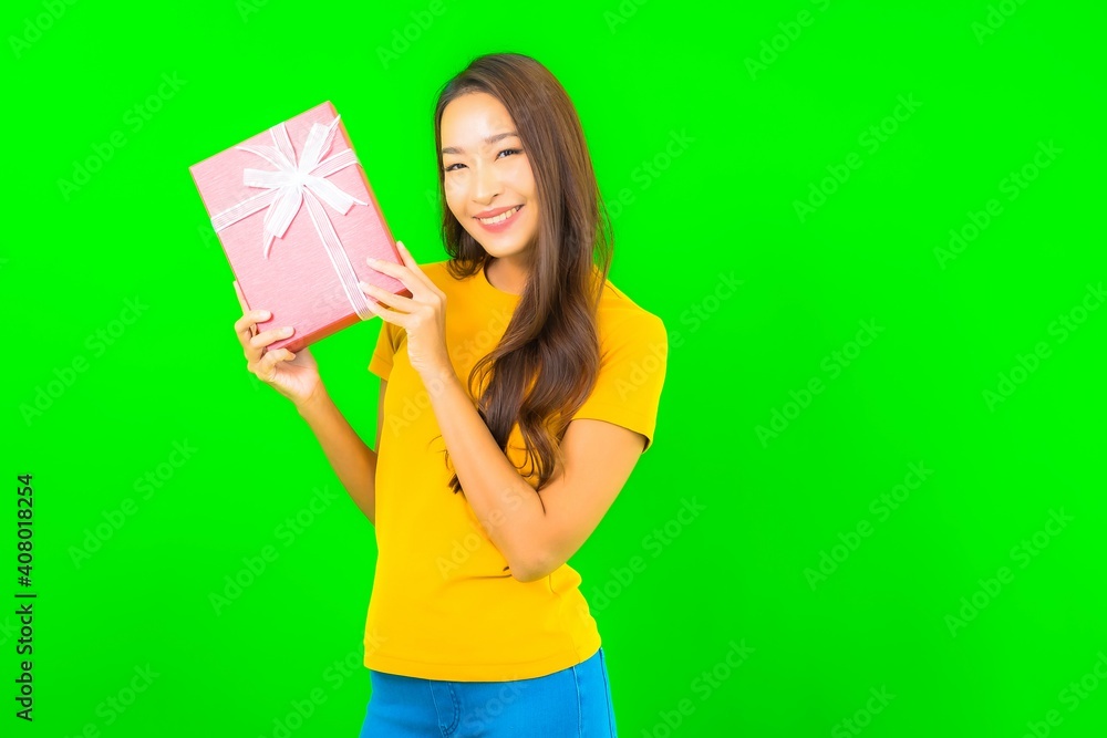 Portrait beautiful young asian woman with red gift box Portrait beautiful young asian woman with red gift box