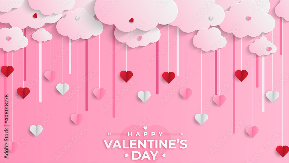 Happy Valentine's day paper cut card. Glittering hearts and clouds with place for text