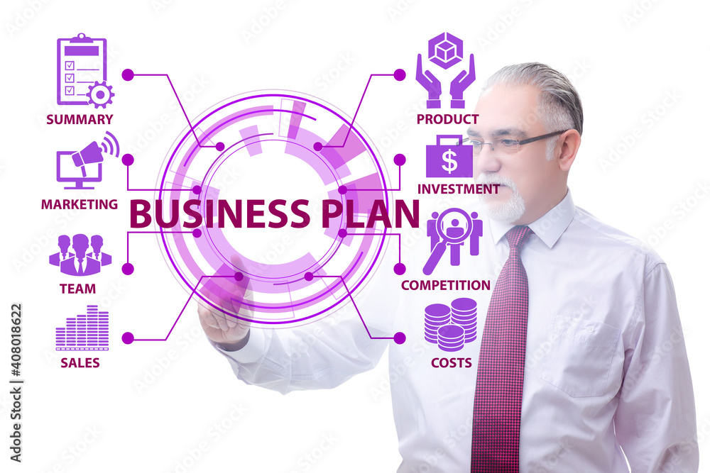 Business plan concept with businessman pressing button Business plan concept with businessman pressing button