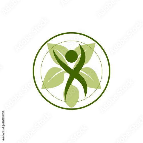 leaf symbol with round circle healthy human icon.