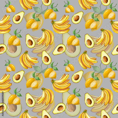 Seamless pattern with hand drawn yellow bananas and green avocado on a gray background.