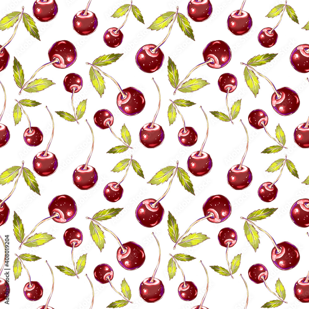 Cute cherry seamless pattern. Sweets and yummies. Colorful wallpaper. Cute cherry seamless pattern. Sweets and yummies. Colorful wallpaper.