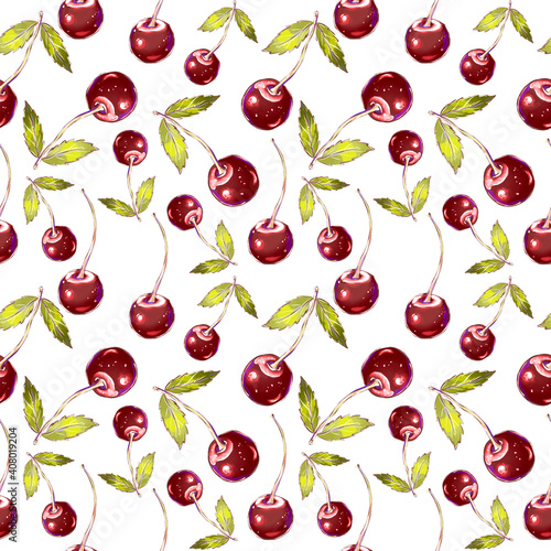 Cute cherry seamless pattern. Sweets and yummies. Colorful wallpaper.