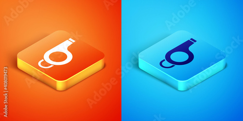 Isometric Whistle icon isolated on orange and blue background. Referee symbol. Fitness and sport sign. Vector.