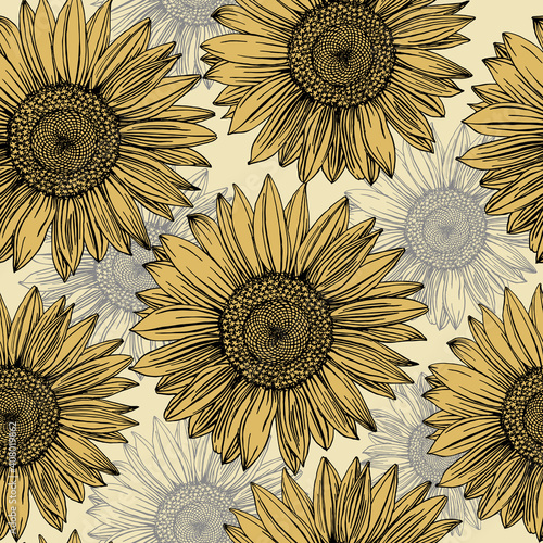 Sunflowers hand-drawn black contours on a yellow background. Naturalistic sunny flowers in a seamless pattern. The drawing was made by hand with pen and ink. Summer print for design.