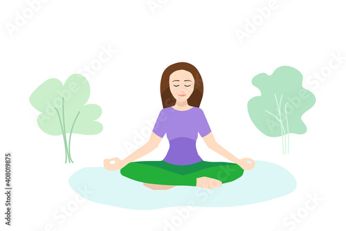 Pretty sporty girl doing yoga in park. Girl in lotus pose asana or Padmasana relaxing sitting on grass. Female yoga banner concept. Women's fitness, meditation and restore activity illustration.