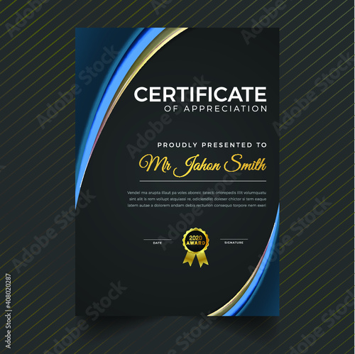 Professional elegant blue and gold diploma certificate template
